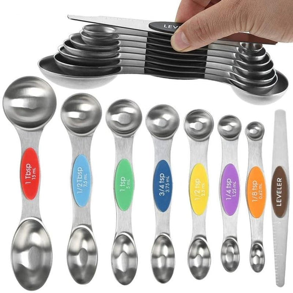 Stainless Steel Magnetic Measuring Spoons and Leveler - 8-Piece Set